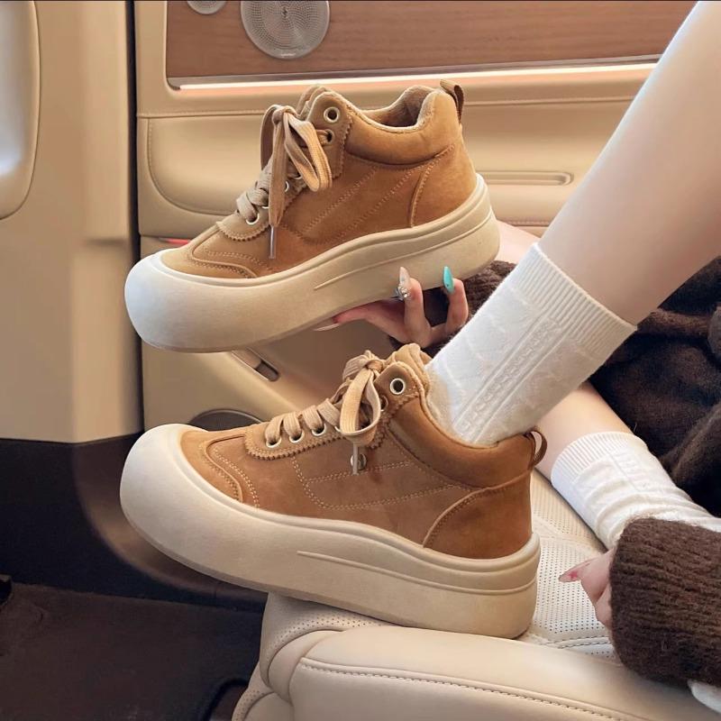 Leder Samt High-Top Schuhe für Damen Herbst und Winter neu dicksohlige vielseitige lässige Sport-Board-Schuhe verdickte warme Baumwollschuhe
