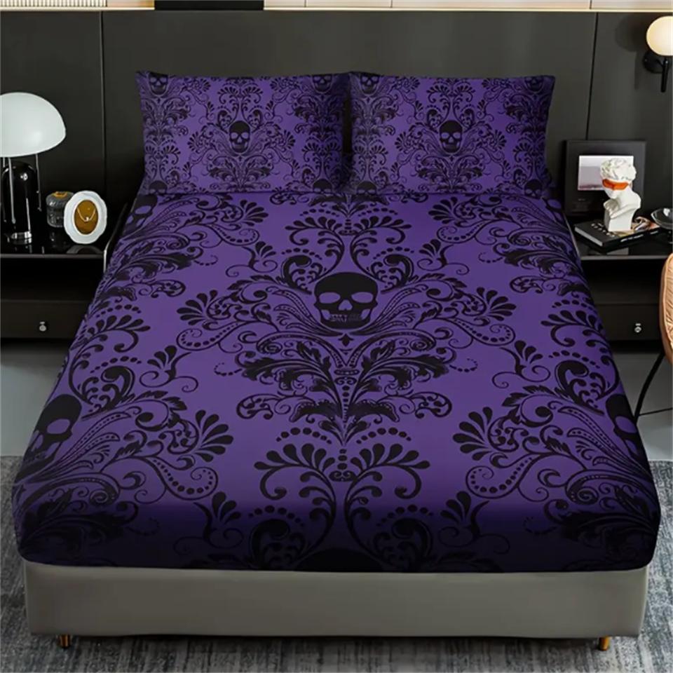 Skull Floral Design 3-Piece Bed Sheet Set - 100% Polyester, Digital Print, Breathable All-Season Fitted Sheet and Pillowcase Set
