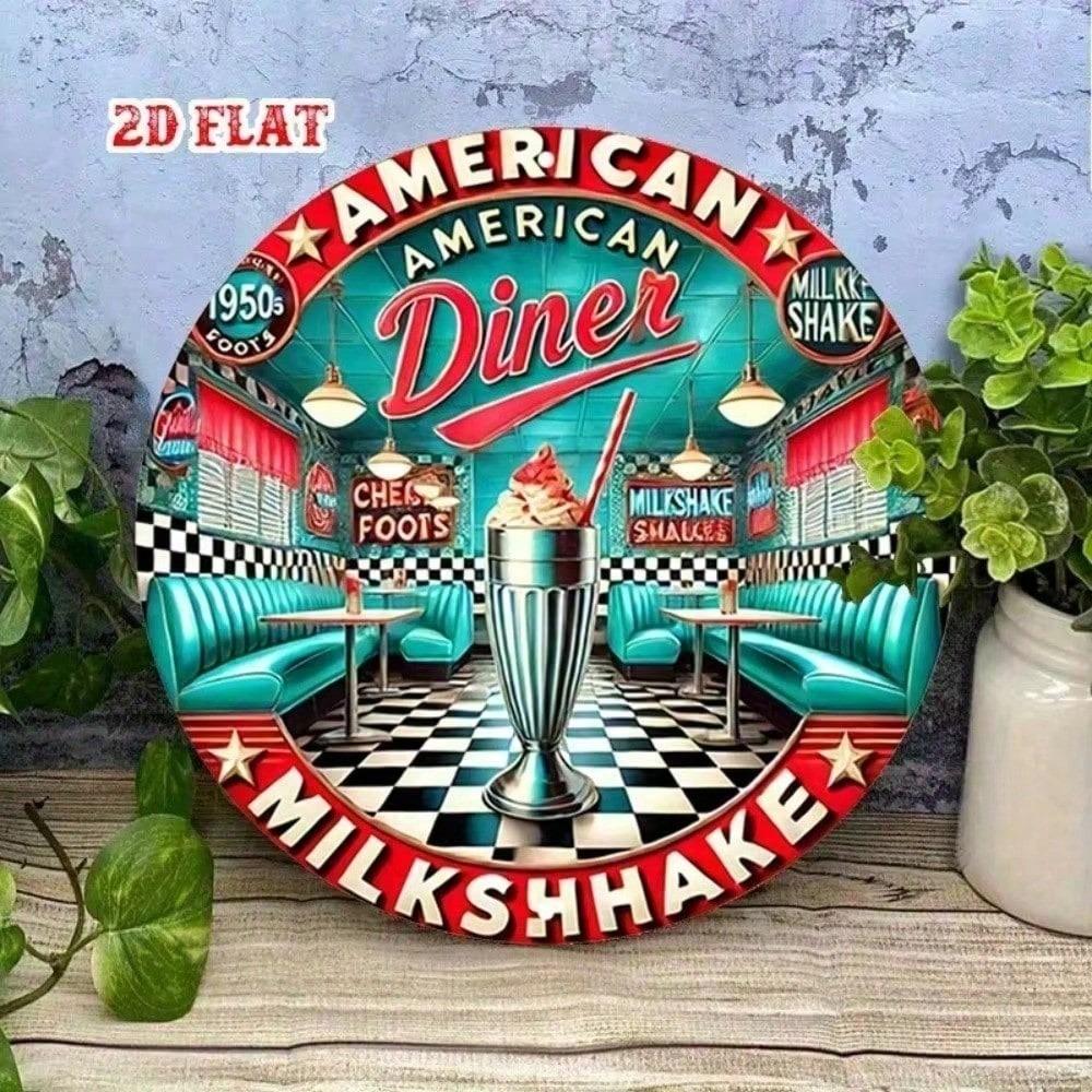 Vintage 1950s Retro Round Metal Wall Sign 12 Inch Milkshake Diner Tin Sign for Bar Pub Kitchen Home Decor Aluminum Art