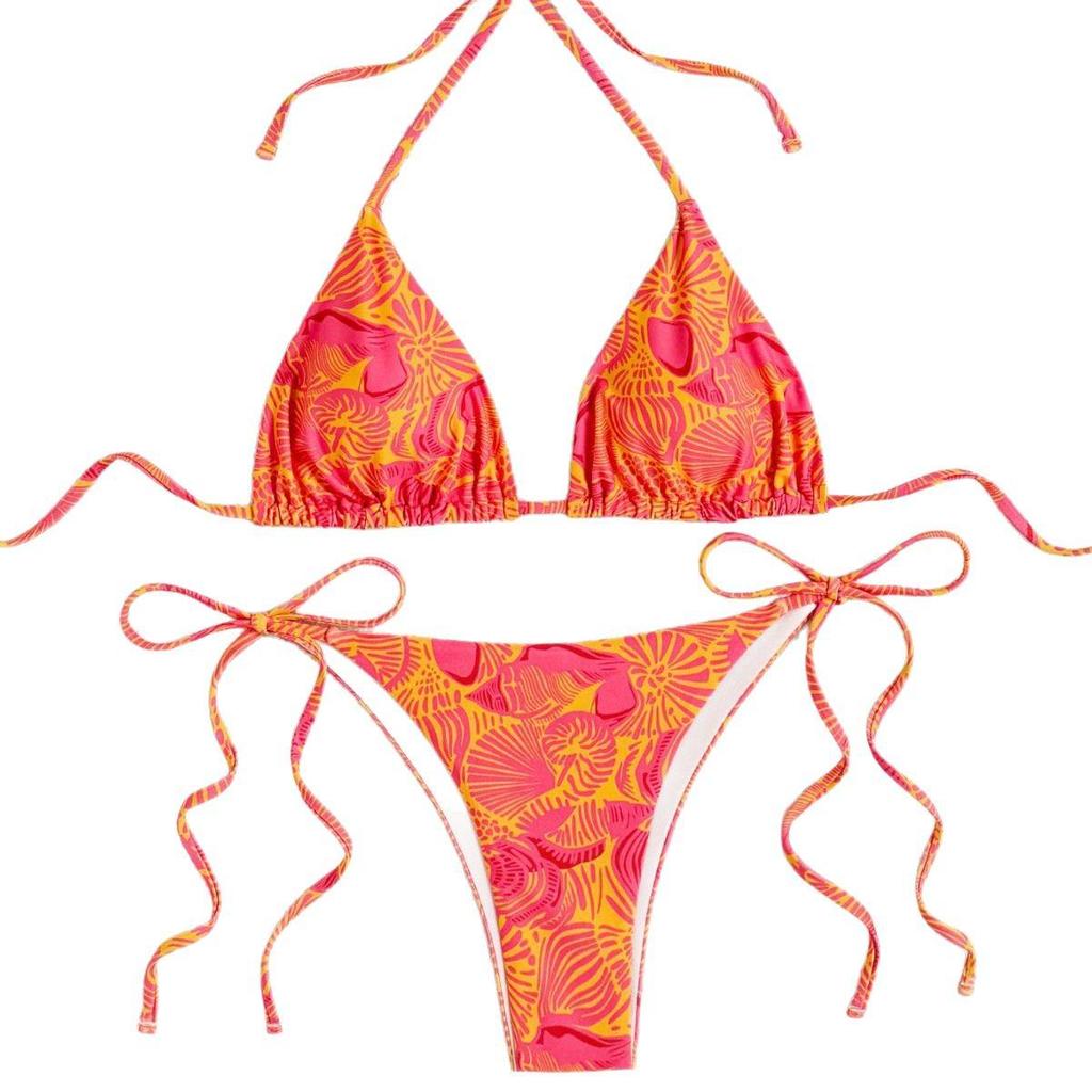 European and American Women's Sexy Slimming Backless Bandage Print Triangle Bikini Swimsuit