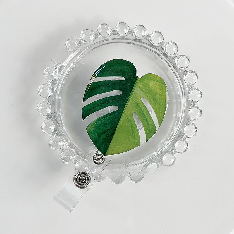 Acrylic Plant Leaf Cute Nurse Badge Reels Heavy Duty Retractable 360 Alligator Clip ID Holder For Student Doctor