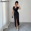 New V-Neck Cross Buckle Pleated Ruched High Slit Dress for Women Summer Long Skirt