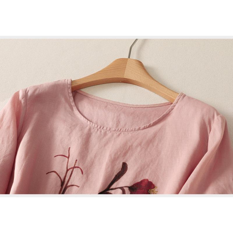 DIMANAF 2026 Summer Women Plus Size New Blouse Shirt Print Floral Vintage Short Sleeve Cotton Linen Casual Loose Lady Tops Tees