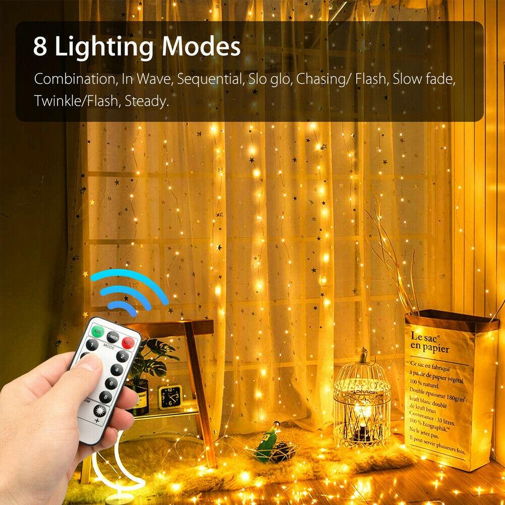 300 LED Curtain Lights String 3M*3M USB Powered Waterproof Twinkle Wall Lights