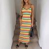 A Figure-hugging Knitted Long Dress for Women in Summer, Featuring A Revealing Back Design with Striped Patterns and A Fitted Bandeau Style.