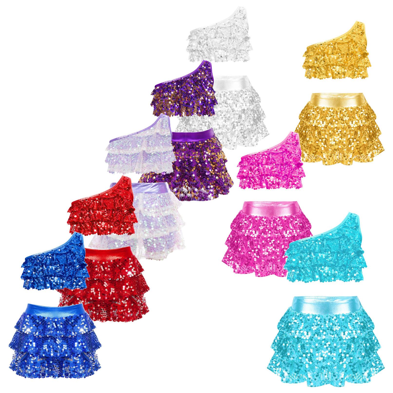 

Блискучий укорочений топ із паєтками та спідницею для латиноамериканського джазу, сальси, самби, румби, танцювальний костюм 3-4 Years золотий