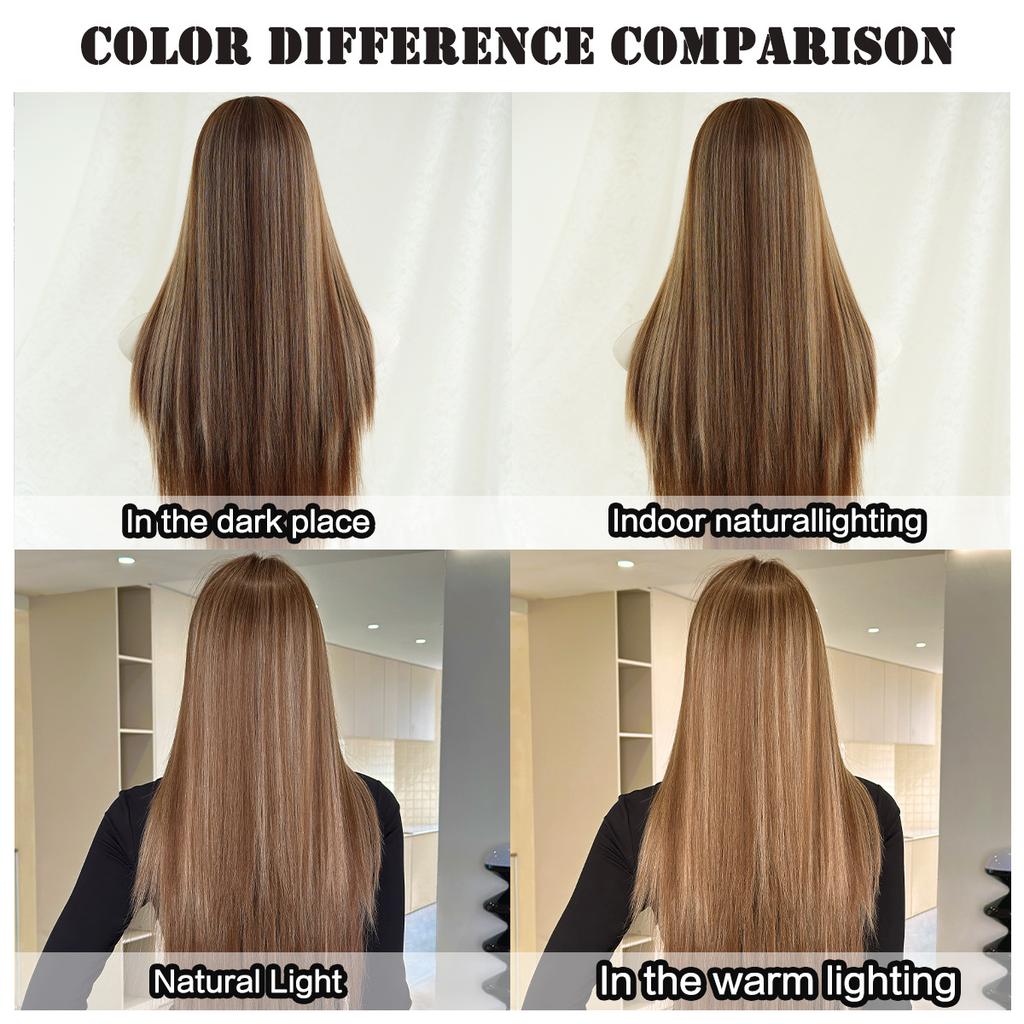 New Highlighted Brown Long Straight Wig for Women - Full Bangs One-Length Cut JK Schoolgirl Style Rejuvenating Daily Wear Full Cap Wig