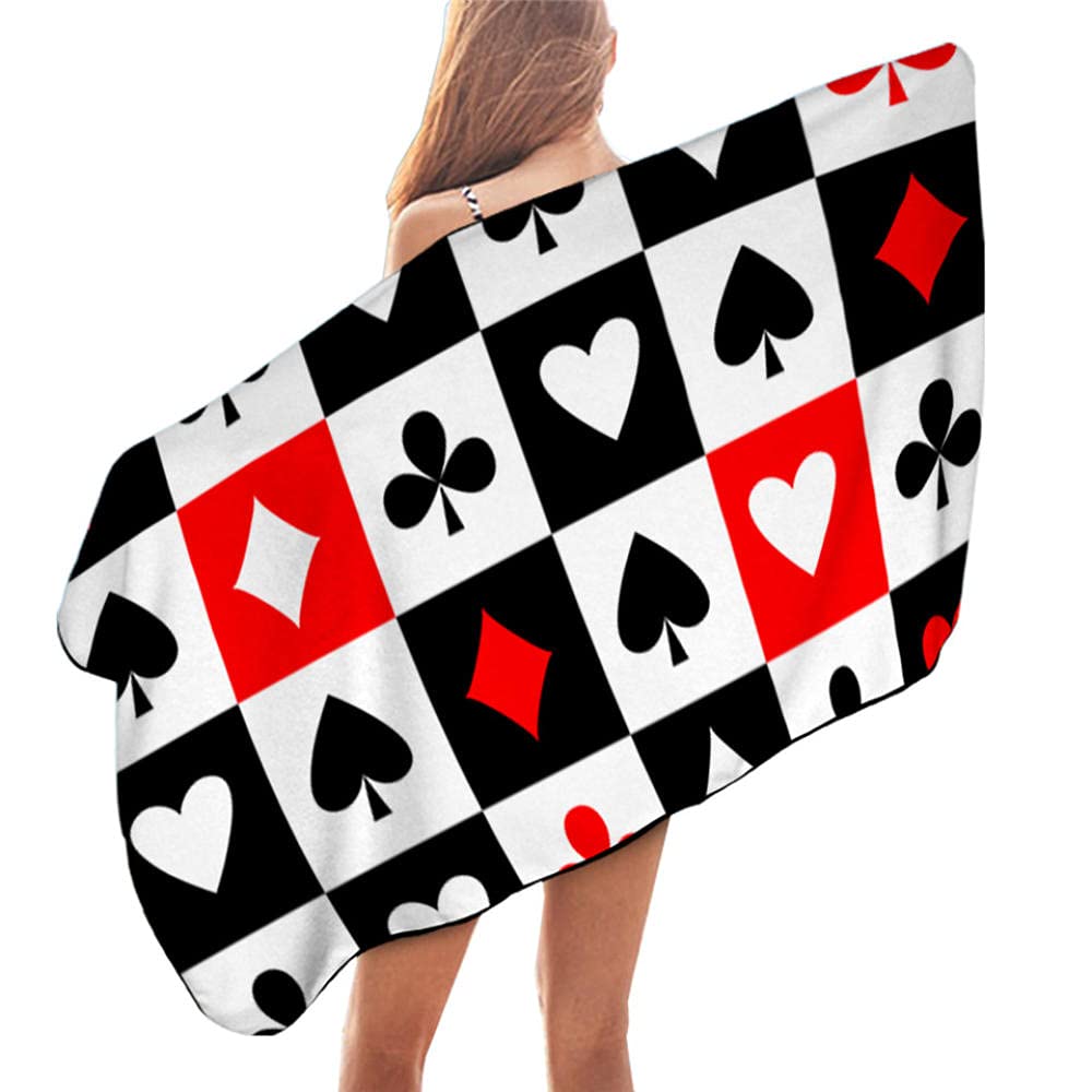 Red White Black Playing Card Game Beach Towel, Microfiber Absorbent Quick Dry Bath Towel, In Vintage Style Soft Kid Unisex Towel