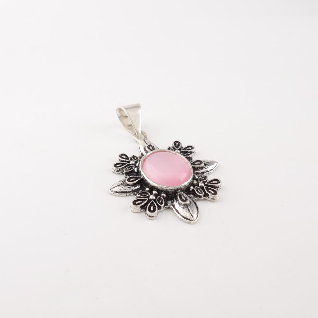 Natura Pink Cat's Eye Gemstone 925 Sterling Silver Handmade Leaf Pendant 1.62" CP-12-44