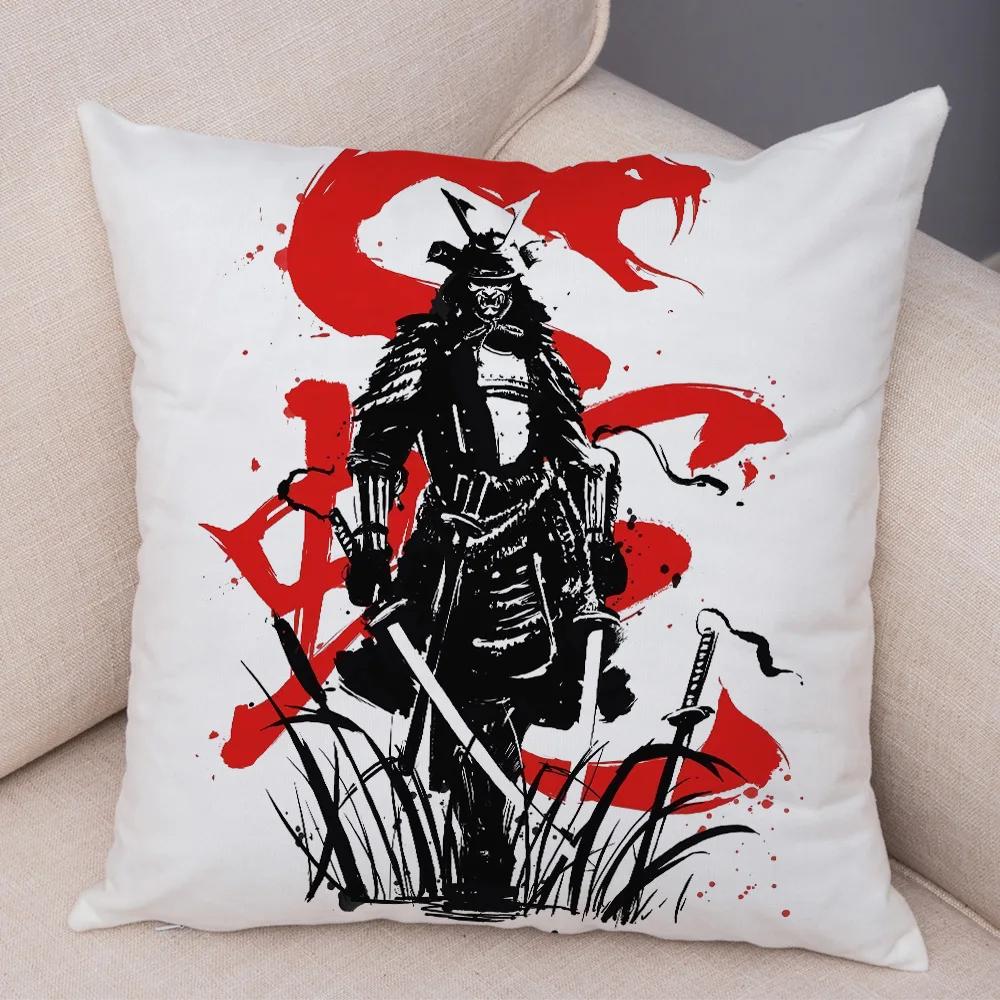 Japan Style Ink Warrior Cushion Cover for Sofa Home Double Print Decor Beautiful Scenery Girl Pillowcase Soft Plush Pillow Case