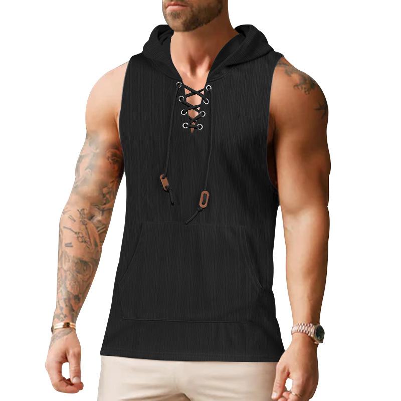 New Plus-size Waistcoat Summer Thin Men's Casual Hooded Solid Color Lace-up Vest Sleeveless