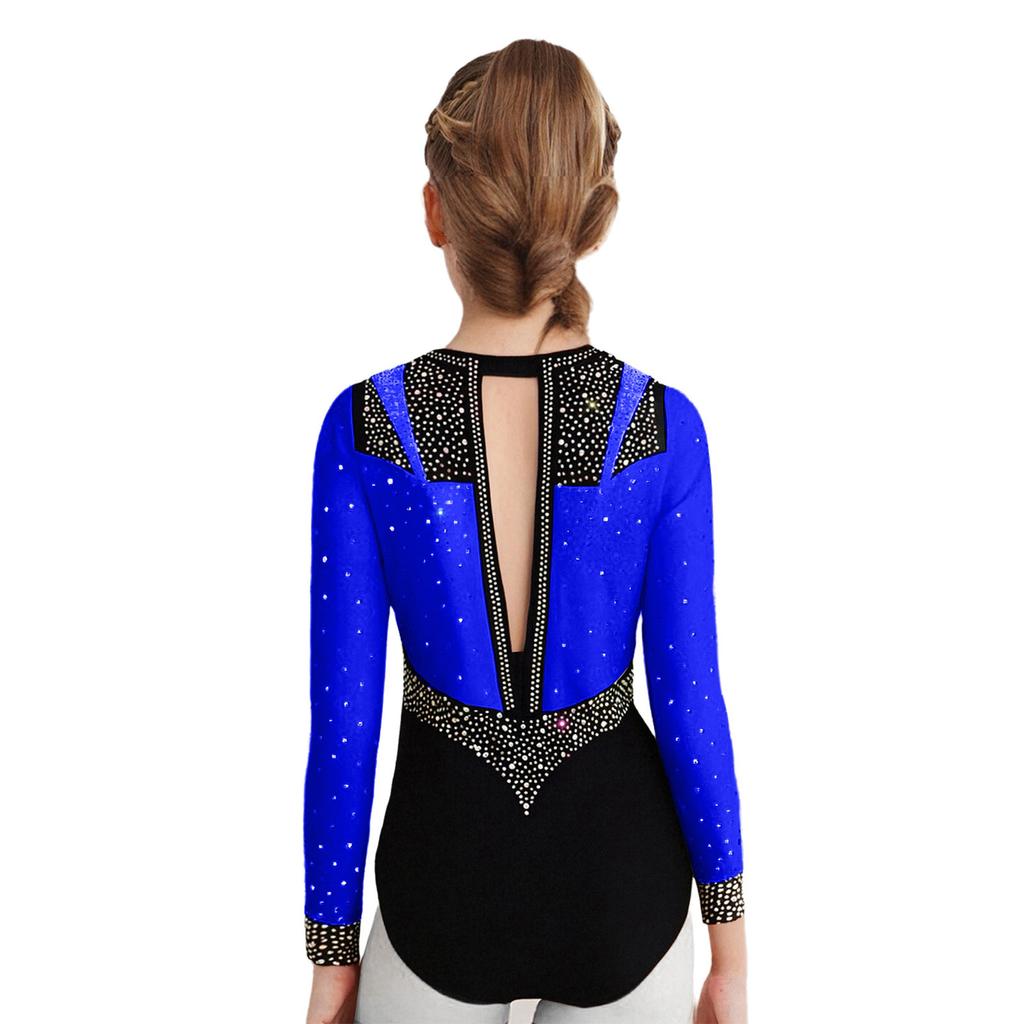 Girls Gymnastics Leotard Long Sleeve Keyhole Back Shiny Rhinestones Figure Skating Dancewear