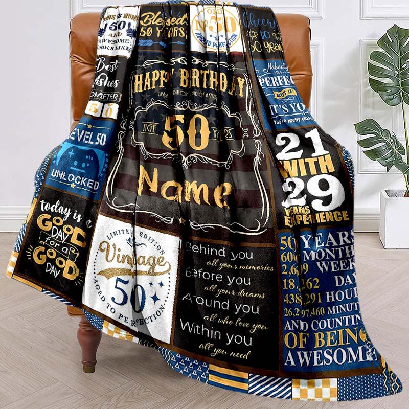 Happy 50Th Birthday Blue Customize Your Name Blanket Warm Comfortable Soft Blanket For Chair Office Sofa Bed Sofa Office Camping Suitable For Gifting