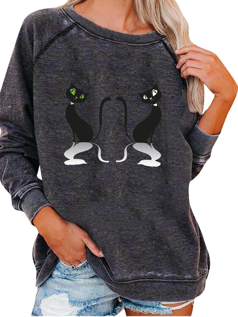 Ladies Spring/Fall Sweatshirt Women's Fashion Cat Print Top Oversized Pullover Sweatshirt