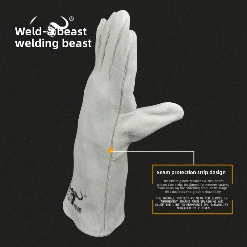 Welding Beast Welding Gloves - Extended Length, Full Leather. Durable Cowhide, High-temperature Resistant