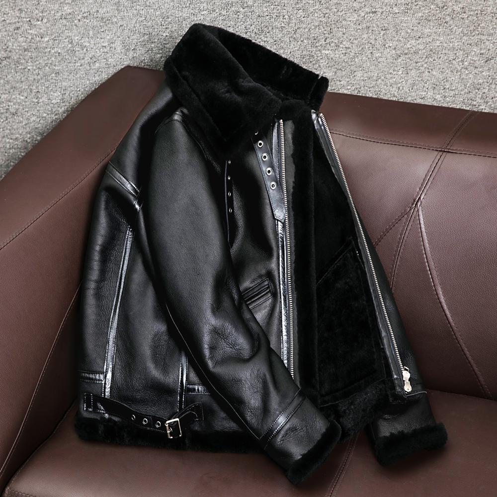 Genuine Leather Sheepskin Jacket Men Oversize Biker Coat with Lambswool Lining