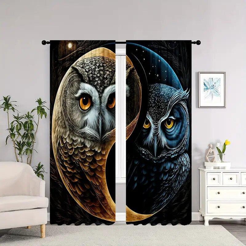 Taiji Chinese Owl Pattern Printed Curtains Window Decoration Home Room Set Of 2 Made Polyester