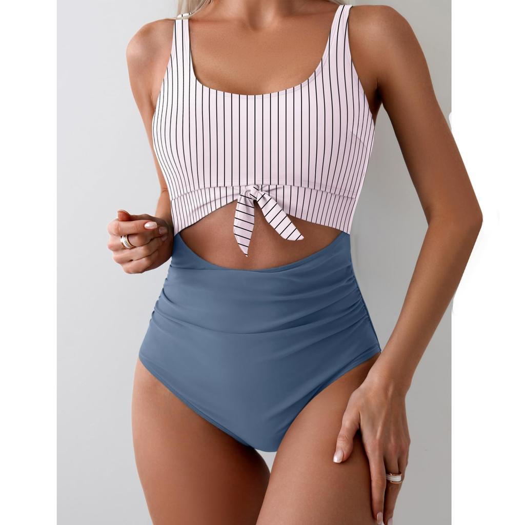 Women's One-Piece Swimsuit With Cross Straps To Cover The Belly, Conservative Solid Color Patchwork Swimsuit