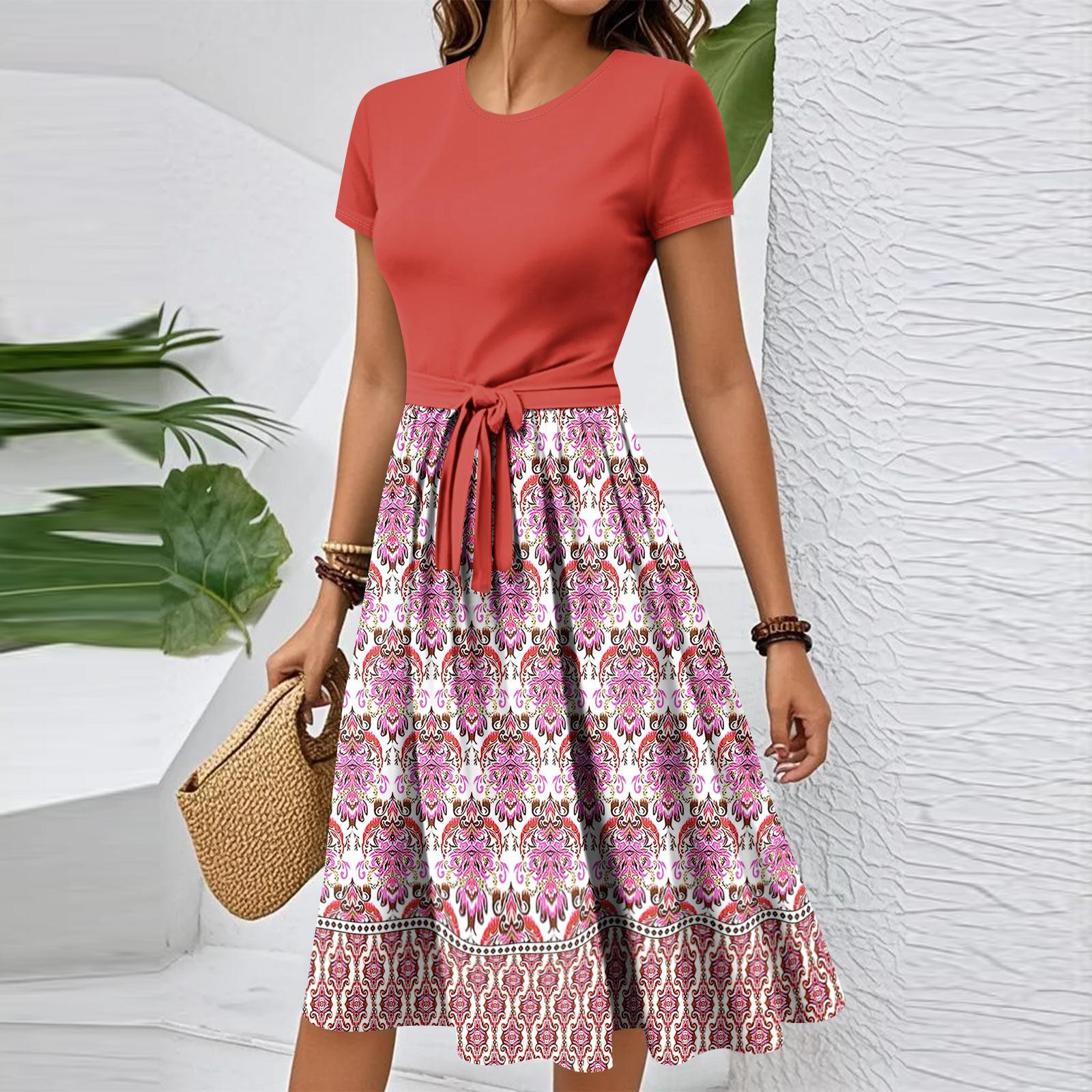 

Женское повседневное модное элегантное платье с поясом и винтажным принтом с коротким рукавом и круглым вырезом XL киноварь