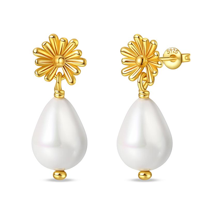 Women's 925 Silver Classic Gold Pearl Inlaid Earrings Elegant Suitable For Engagement Wedding Party Exquisite Jewelry