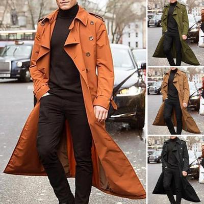 Men Trench Coat Lapel Long Sleeve Solid Color Windbreaker Double Breasted Long Style Outdoor Business Outwear