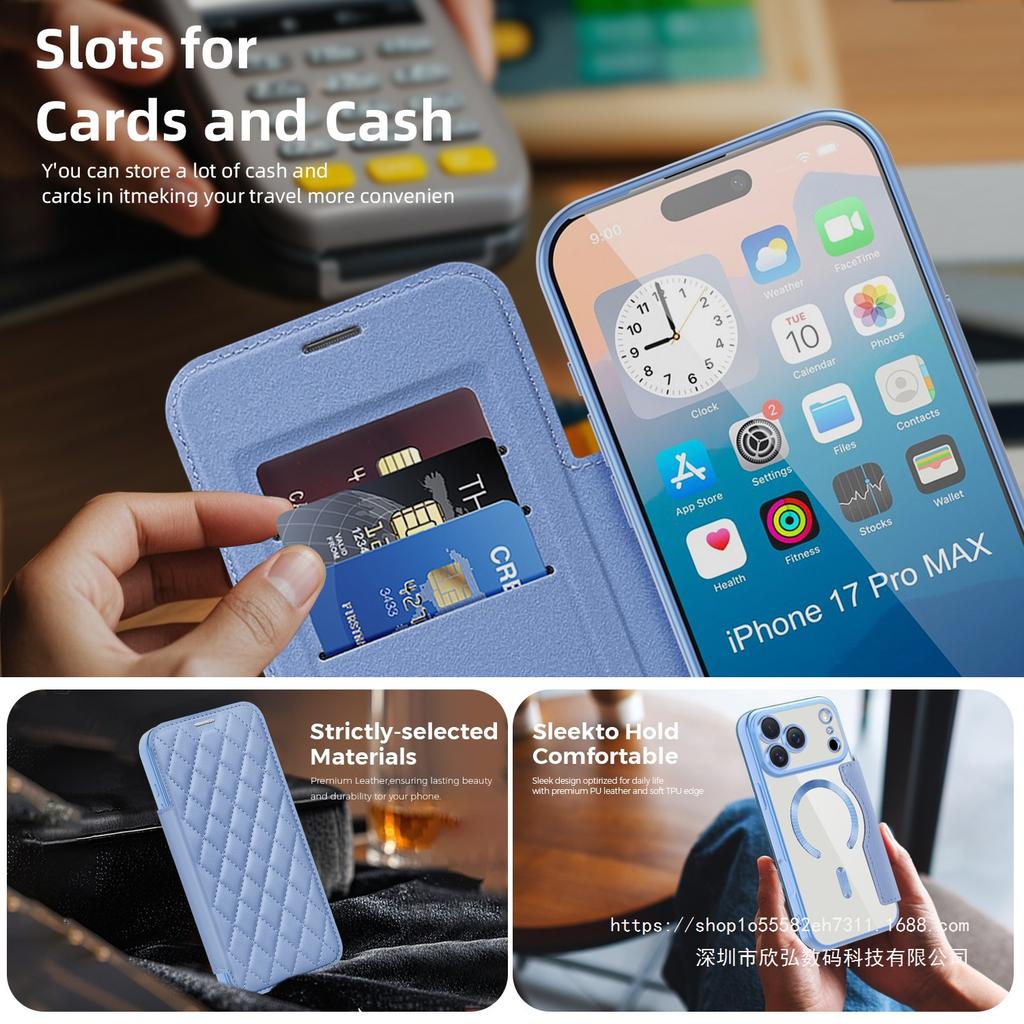 Luxury Plating Edge Clear Magnetic Charging Case For IPhone 17 Pro Max Air 16 15 Plus Fold Leather Card Bracket Shockproof Cover