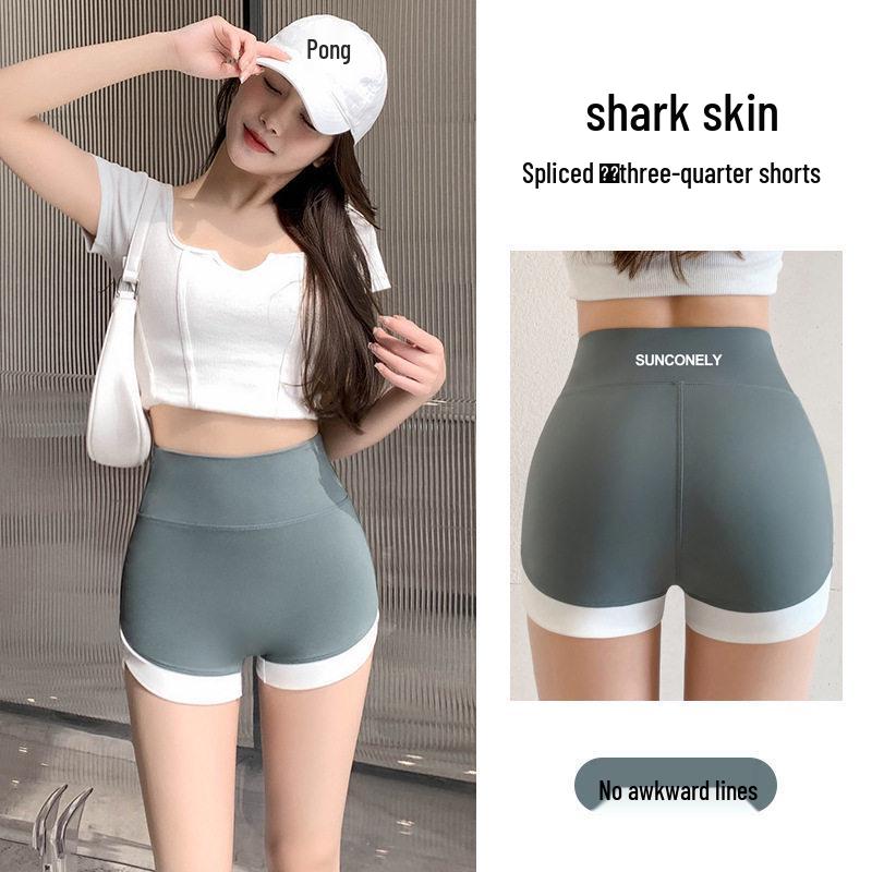 Summer Shark Skin Color Block High-Waist Yoga Pants - Women's Tummy Control Athletic Leggings