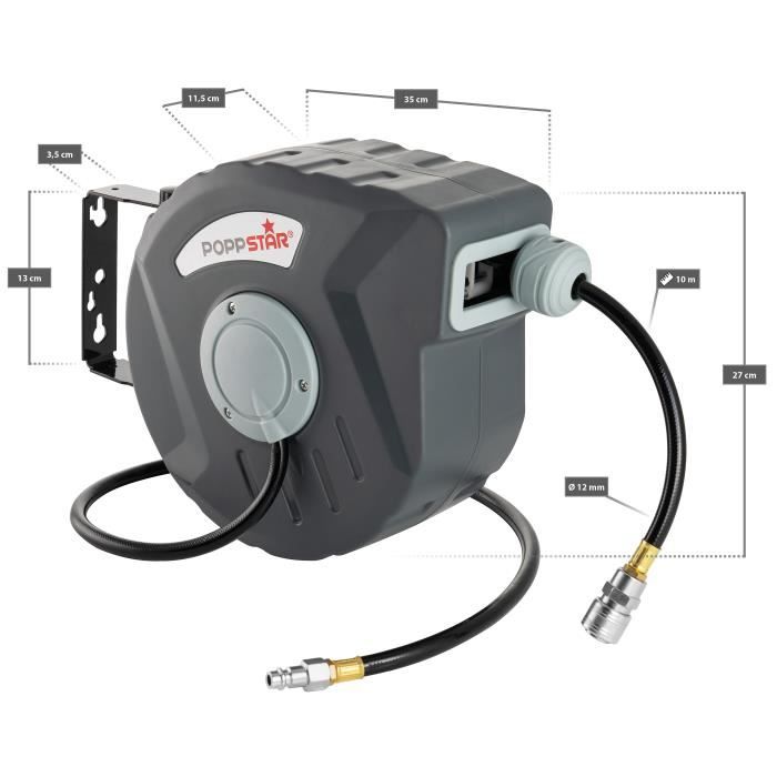 Enrouleur de tuyau à air comprimé - Poppstar - 10m + 1m - Raccord 3/8" NPT/BSPT - PVC - Polypropylène