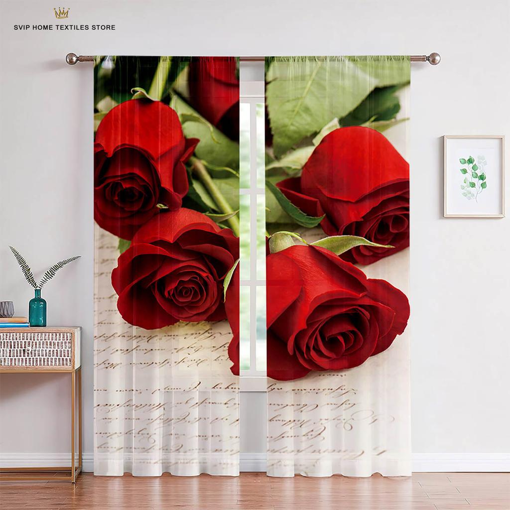 Red Rose Retro Romantic Print Curtains, Living Room, Bedroom, Kitchen, Window Decoration, Home Decoration, 2 Pcs