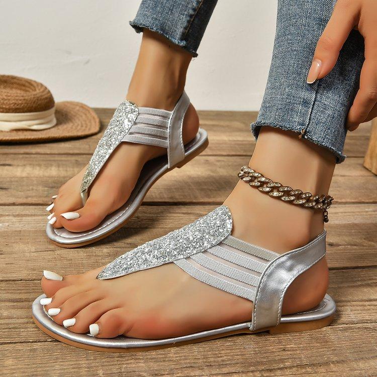 New Flat-bottomed Rhinestone Pinch Comfortable Versatile Beach Sandals Women's European, American and Large-size Women's Shoes