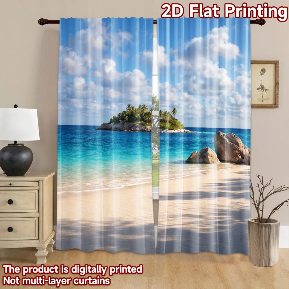 2D Flat Printing 2pcs Curtain Scene Curtains Tropical Beach Paradise Digital Printed Polyester Drapes Festive Wall Decor Perfect