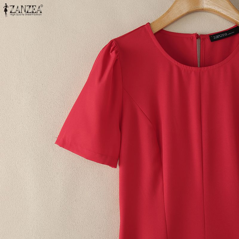 ZANZEA Women Casual Round Neck Solid Color Loose Short Sleeve Dress