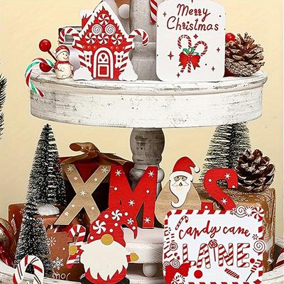 11pcs Santa Tiered Tray Decor Wooden Signs Festival Party Desktop Centerpieces Decor Home Decoration