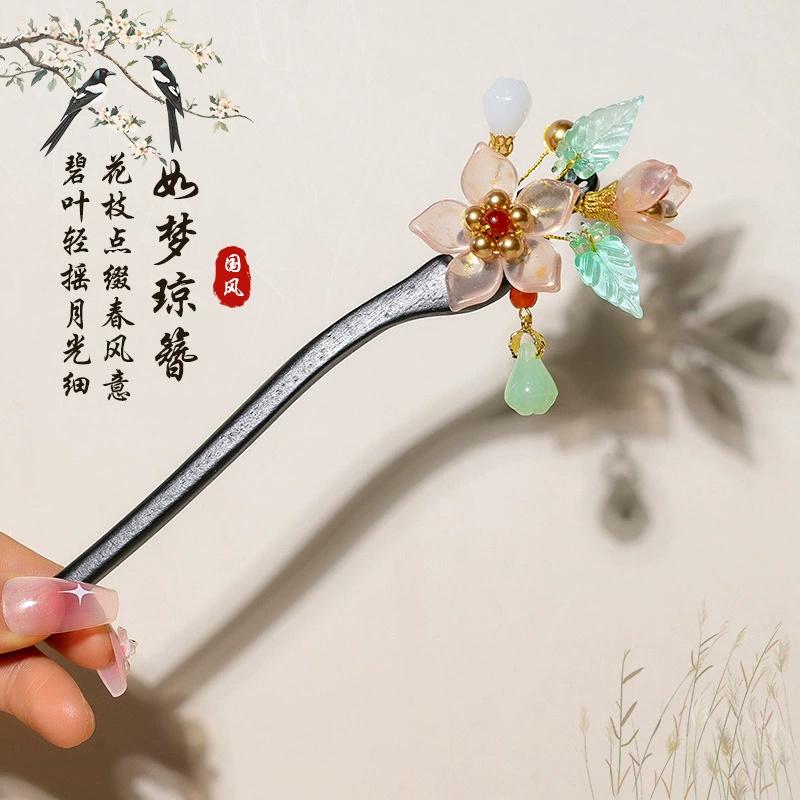 1Pc Wooden Hairpin Headwear for Women'S Chinese Flower Tassel Hair Sticks Headdress Elegant Hair Styling Accessories Gifts