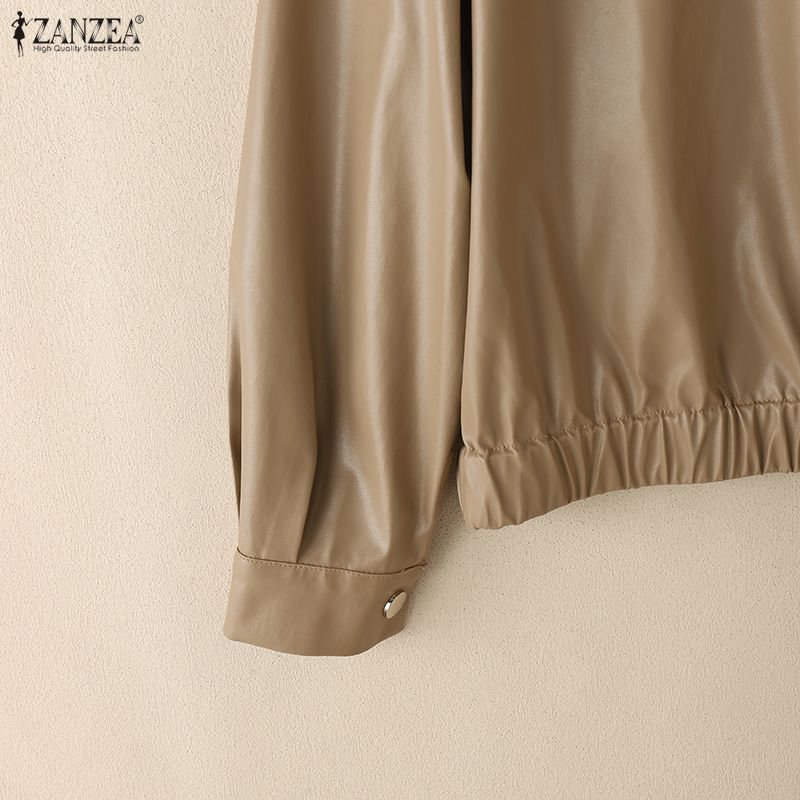 ZANZEA Damska codzienna jesienna kurtka z długim rękawem ze sztucznej skóry PU