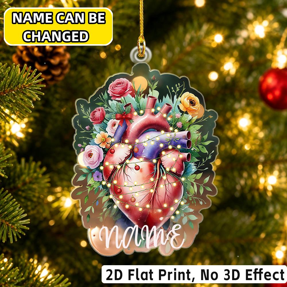 2D Flat Custom Name Irregular Acrylic Ornament,Floral Wrapped Heart Artwork Xmas Tree Hanging Pendant Holiday Gift