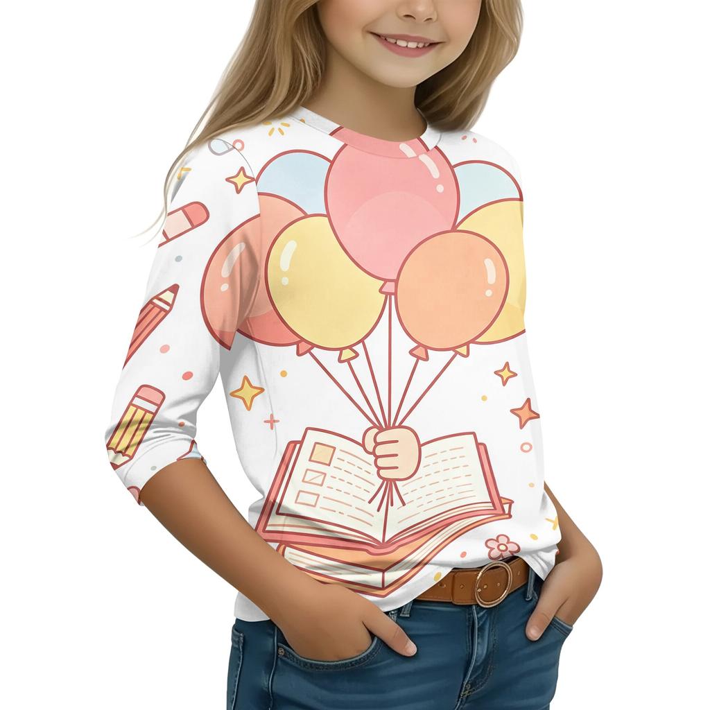 Kids' Casual Round Neck Printed 3/4 Sleeve Top, Back to School