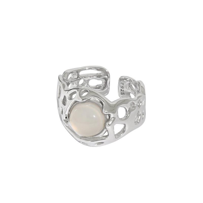 S925 Trendy Sterling Silver Adjustable Ring With Eyecatching Geometric Agate Pattern