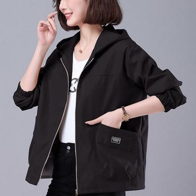 Spring and Autumn Women's Loose Casual Solid Color Hooded Jacket