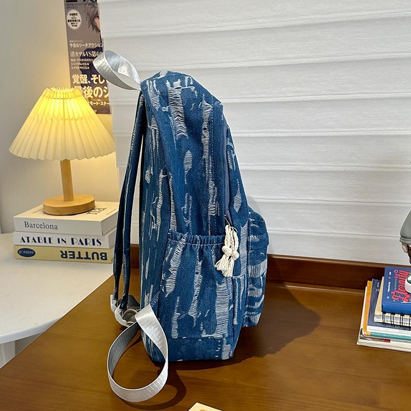 Denimryggsekk med stor kapasitet i collegestil, student-skolesekk, damereiseveske