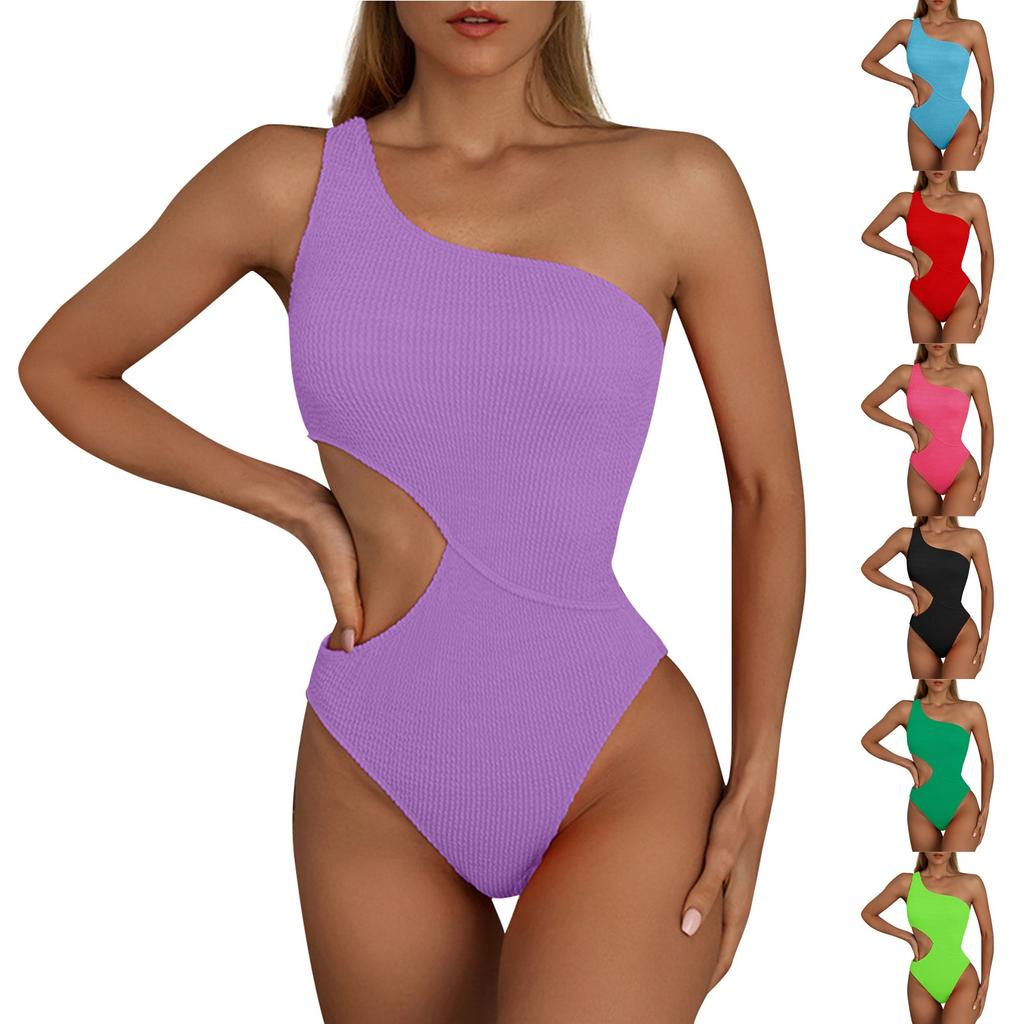 Women's Solid Color Swimsuit Wrinkled Fabric Sexy One-Piece Single Shoulder Bikini Swimsuit