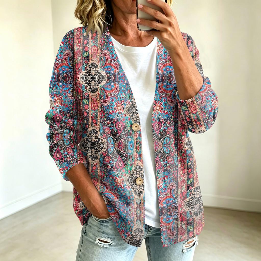 Women's Vintage Floral Print Button Front Jacket for Casual Outdoor Wear