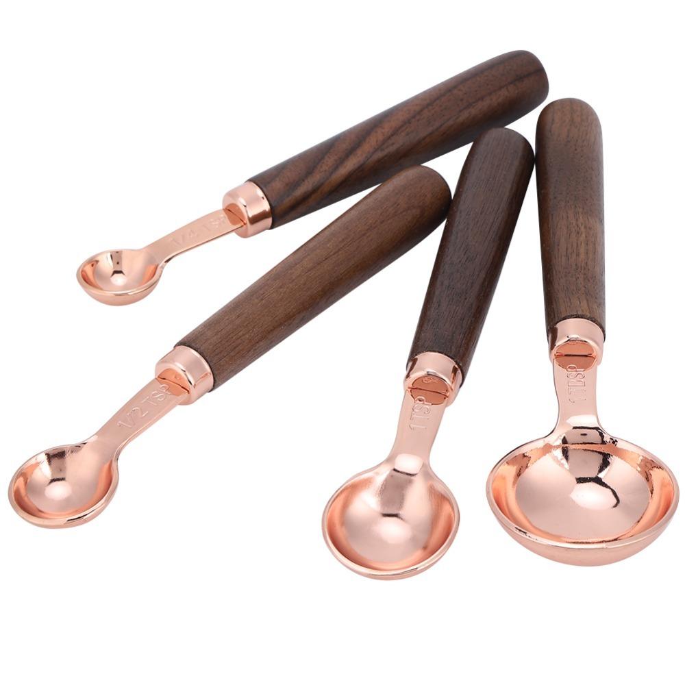 4PCS Set Walnut Wood Handle Measuring Cup Set Stainless Steel Stainless Steel Scoop For Household