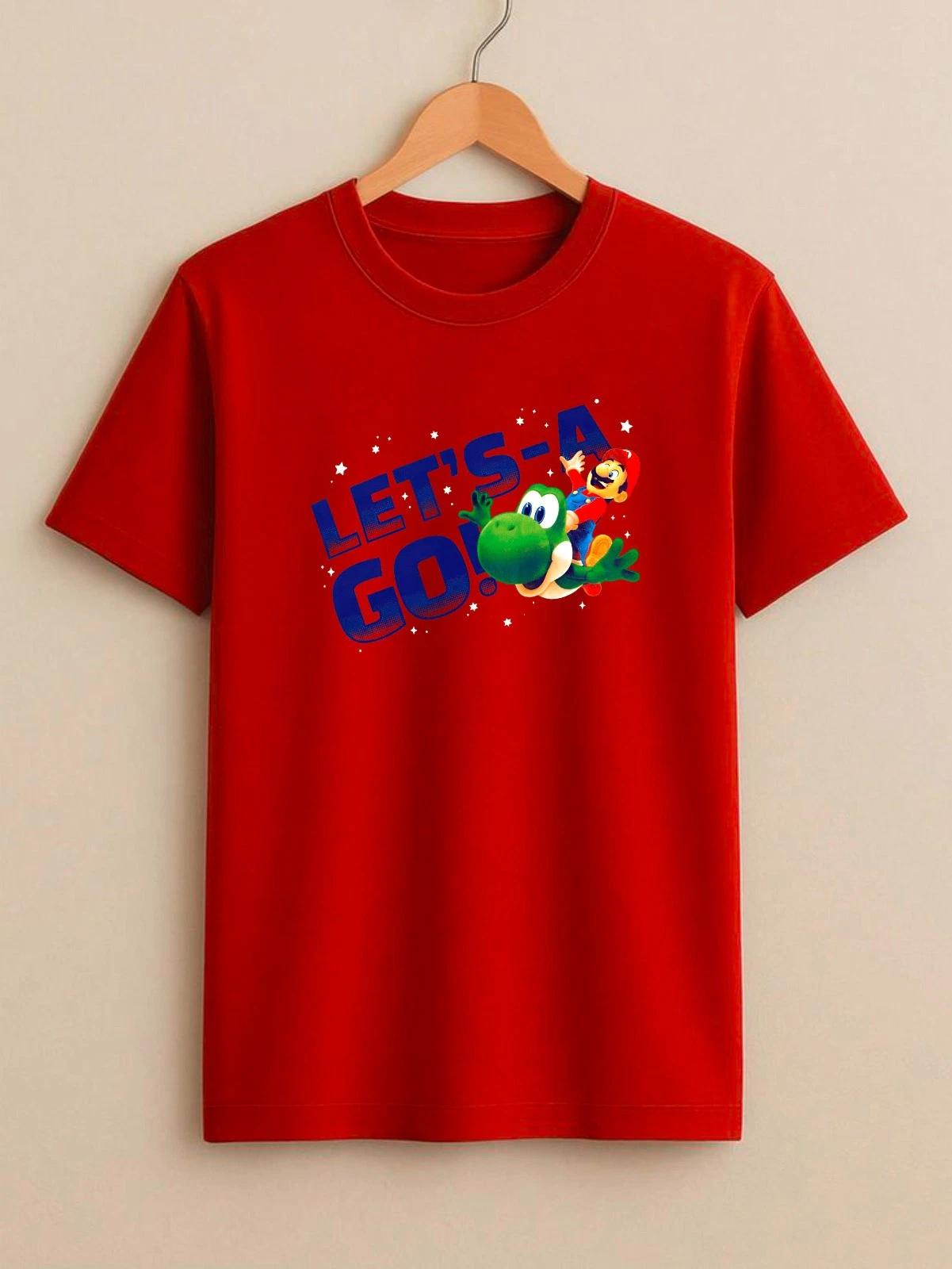 

Lets Go Cartoon Graphic T-Shirt, Retro Video Game Cute Dino Rider 90 s Style Tee S
