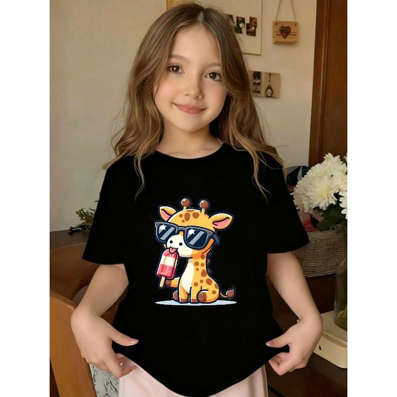 European Sizes Adorable Cartoon Giraffe Design with Glasses, Enjoying a Popsicle. A Short-Sleeved T-Shirt Ideal for Casual Summer Outings