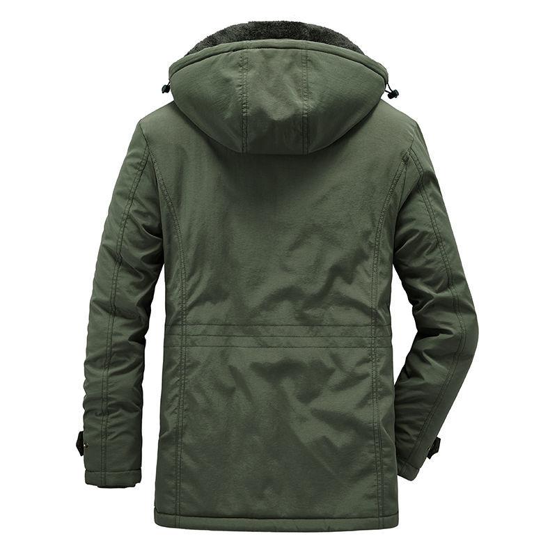 Středně dlouhý zimní sametový bavlněný kabát s kapucí s vycpanou bavlnou