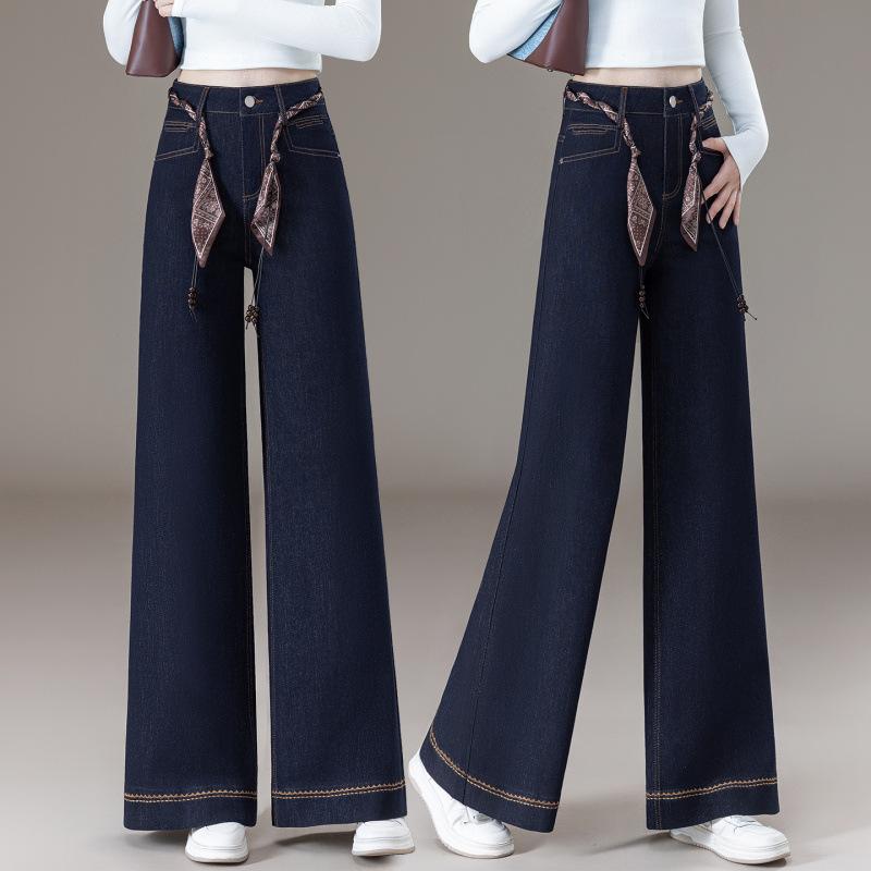 Denim Blue Small Wide Leg Jeans Women's Spring and Autumn New Silk Scarf Belt Skinny Straight Pants