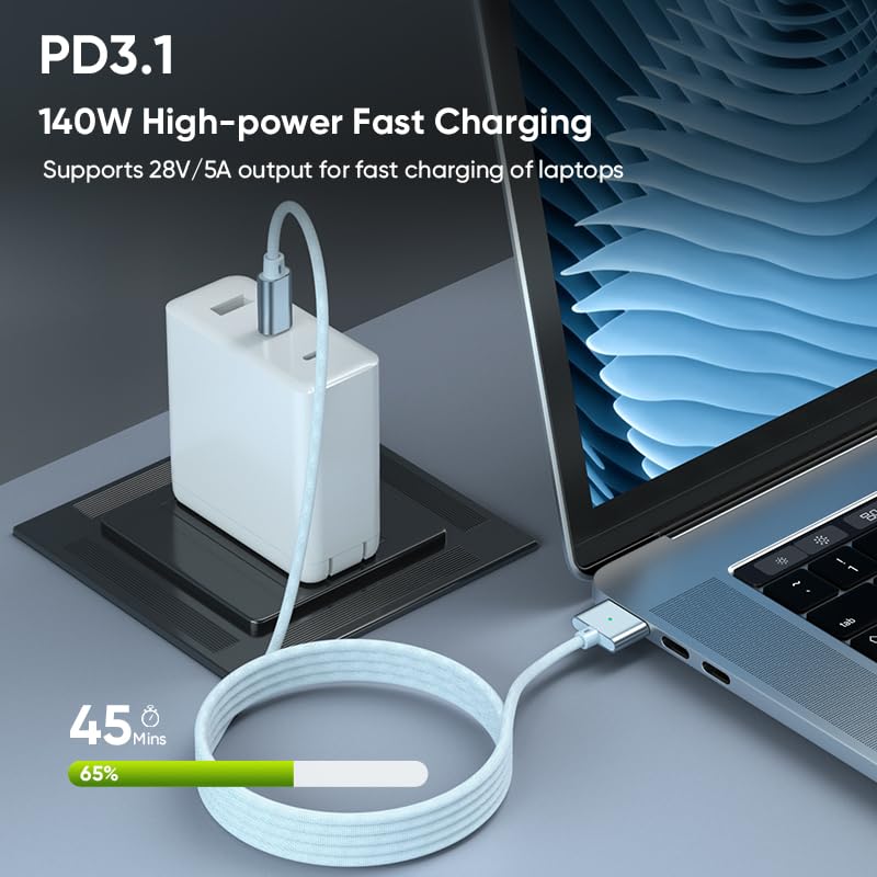 140W To 3 Magnetic Charging 2M Super Strong Magnetic Adsorption Charging Cord with Durable Braided Compatible with MacBook Pro MacBook Pro MacBook Air
