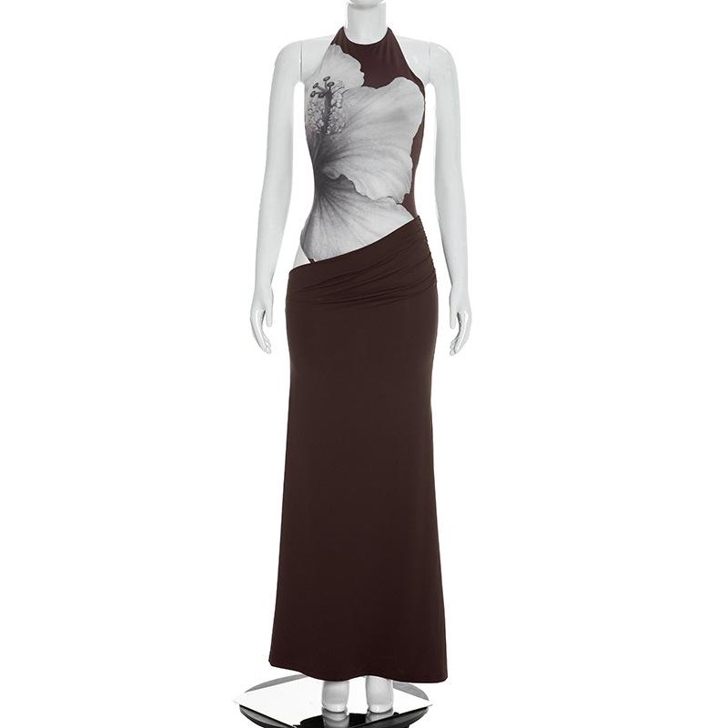 European & American Floral Print Sleeveless Halter Tie Long Dress - Summer Casual Style L