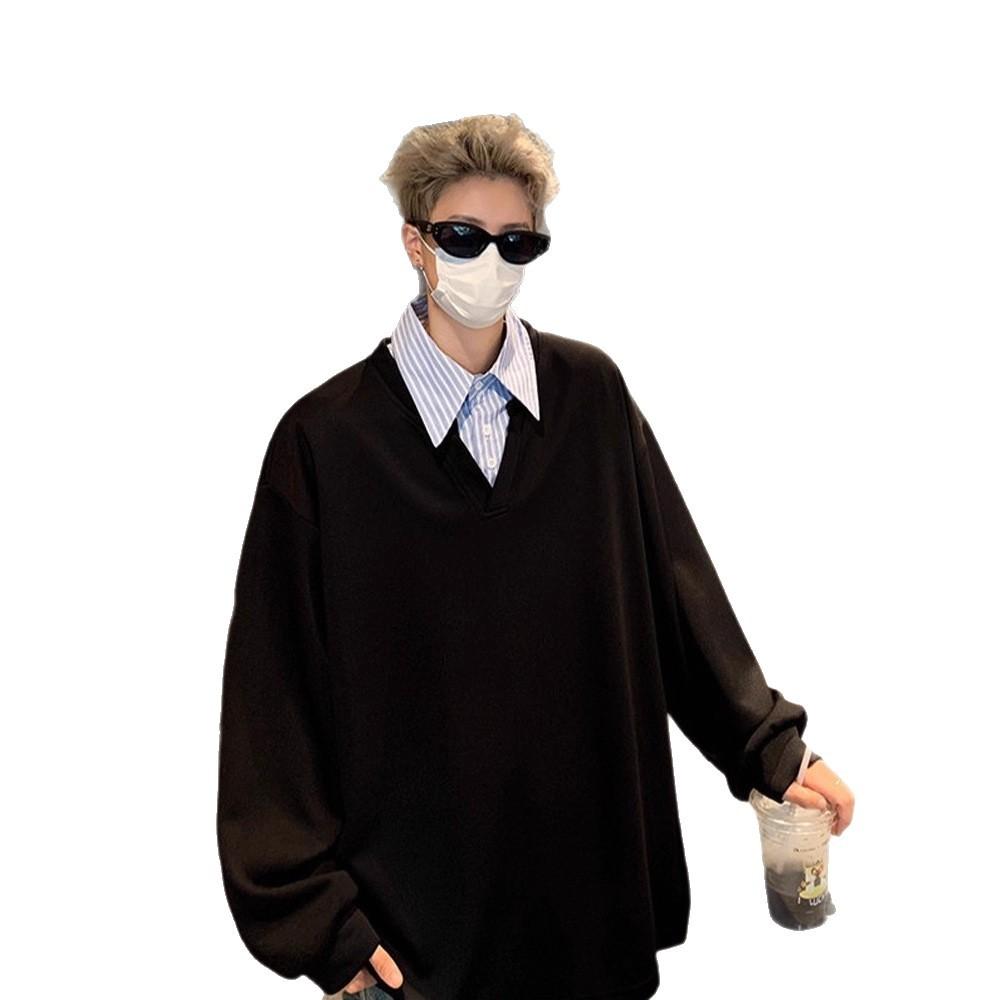 2025 Fashion Retro Fake Two-piece Splicing Lapel Sweater Men's Autumn Trendy Brand Loose Pullover Top